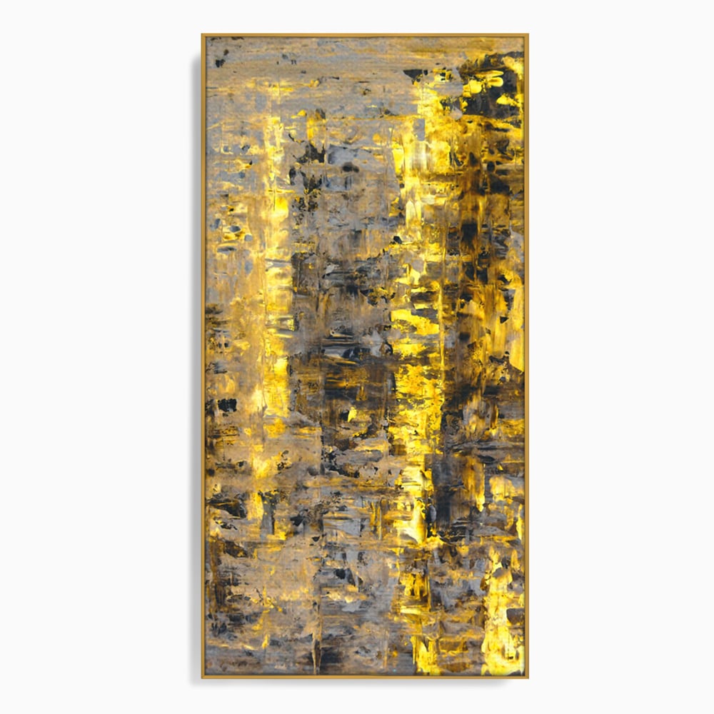 Tablou canvas cu pictura abstracta cu dungi aurii, in rama de aluminiu auriu