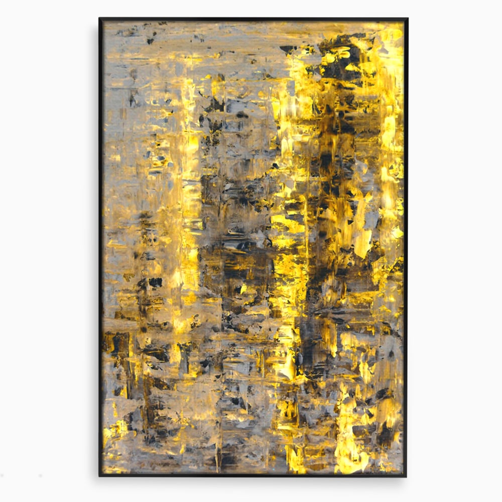 Tablou canvas cu pictura abstracta cu dungi aurii, in rama de aluminiu negru