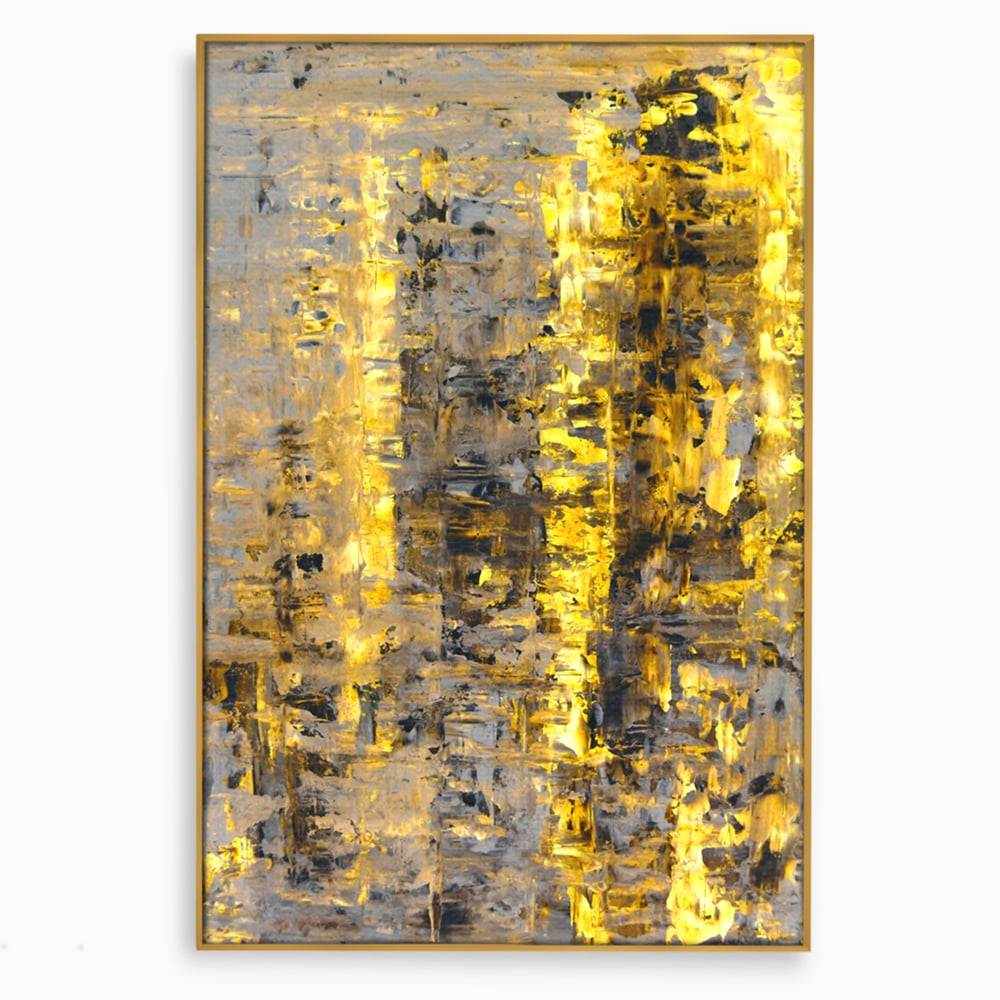 Tablou canvas cu pictura abstracta cu dungi aurii, in rama de aluminiu auriu