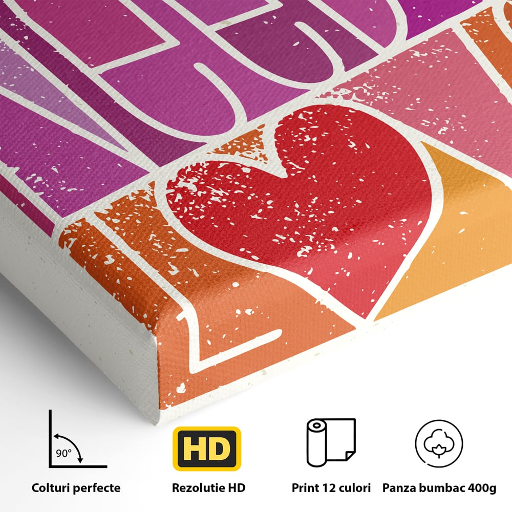 Detaliu al suprafetei: tablou canvas motivational cu text colorat, fara rama, pe sasiu de lemn