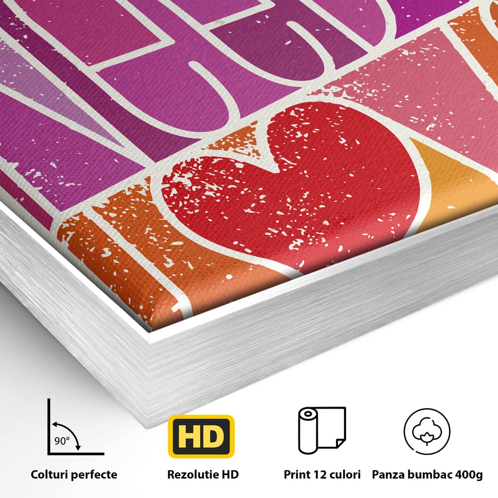 Detaliu al suprafetei: tablou canvas motivational cu text colorat, in rama de aluminiu argintiu