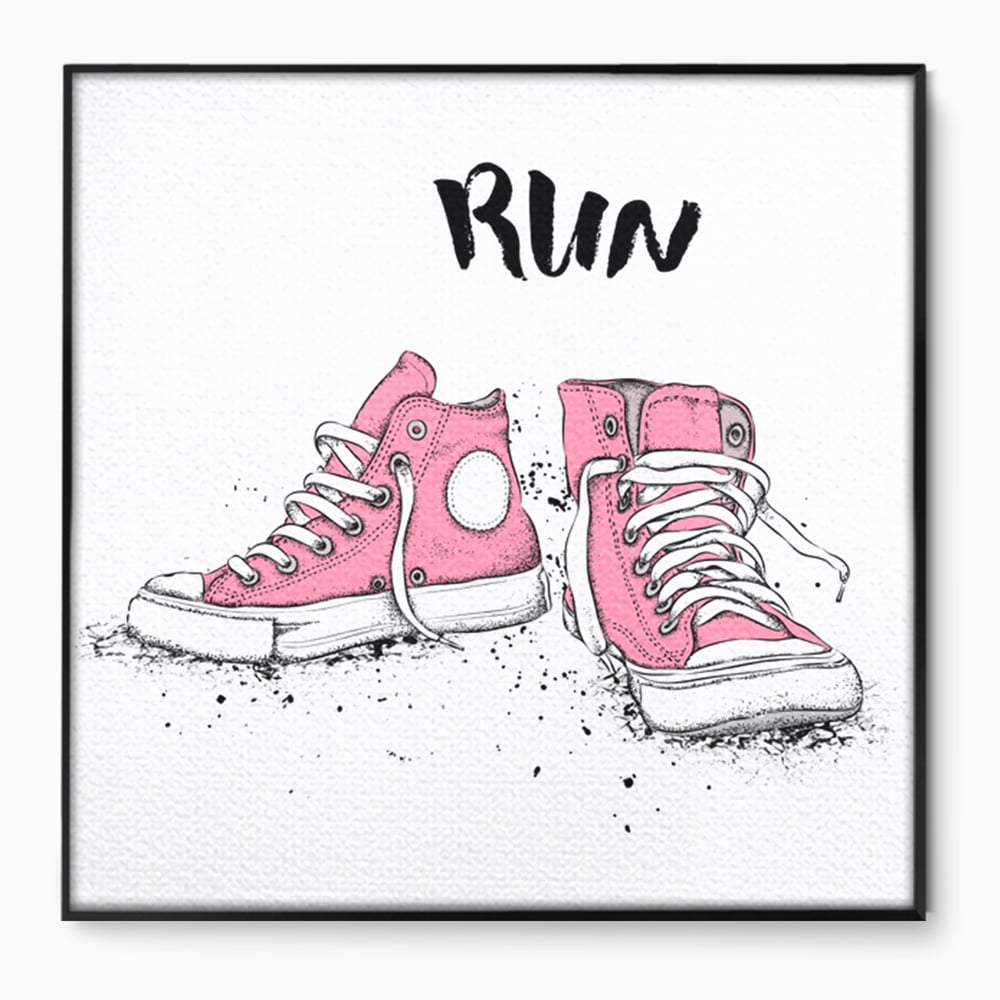 Tablou canvas cu illustratie cu adidasi roz si mesaj, in rama de aluminiu negru