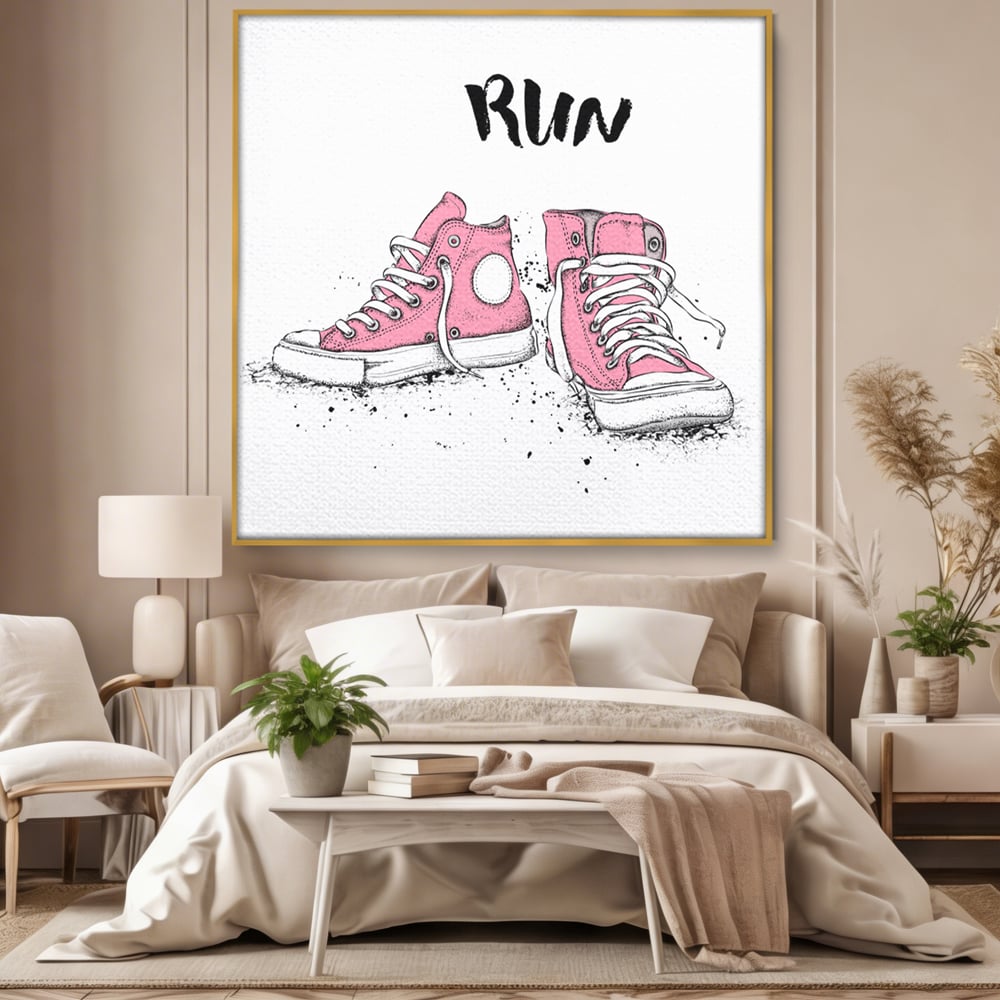 Tablou canvas cu illustratie cu adidasi roz si mesaj, in rama de aluminiu auriu, pe perete intr-un dormitor