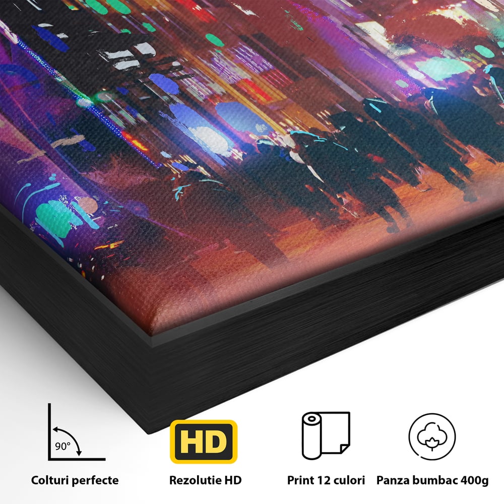 Detaliu al suprafetei: ilustratie digitala cu oras nocturn, in rama de aluminiu negru