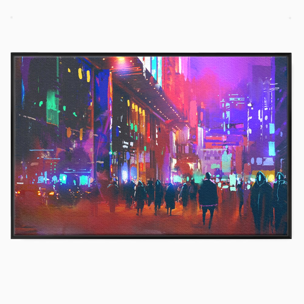 Tablou canvas cu ilustratie digitala cu oras nocturn, in rama de aluminiu negru