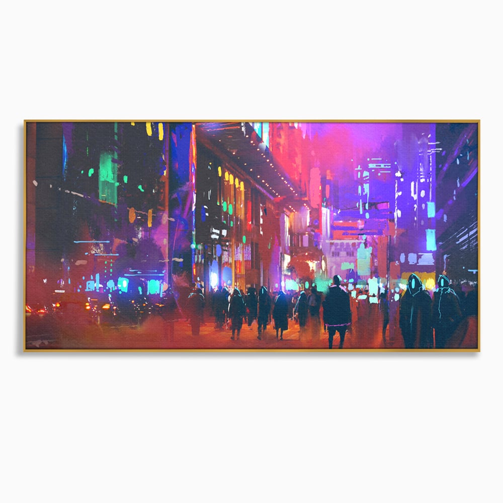 Tablou canvas cu ilustratie digitala cu oras nocturn, in rama de aluminiu auriu