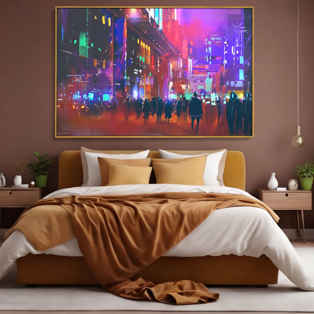 Tablou canvas cu ilustratie digitala cu oras nocturn, in rama de aluminiu auriu, pe perete intr-un dormitor