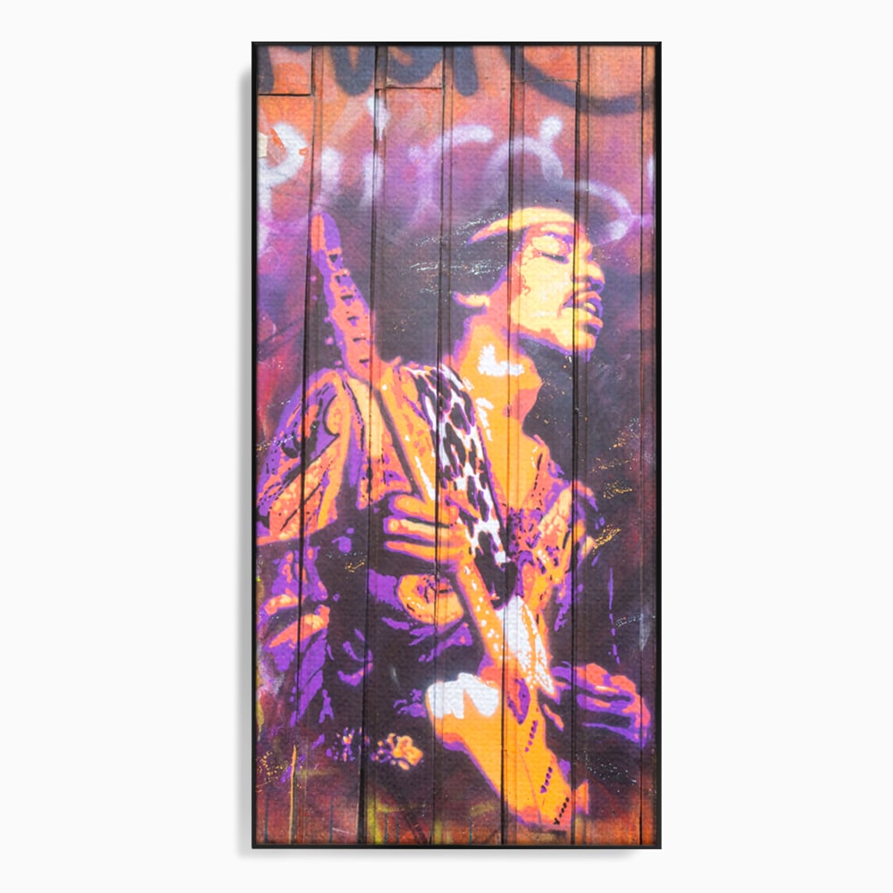 Tablou canvas cu tablou canvas cu jimi hendrix cantand la chitara, in rama de aluminiu negru