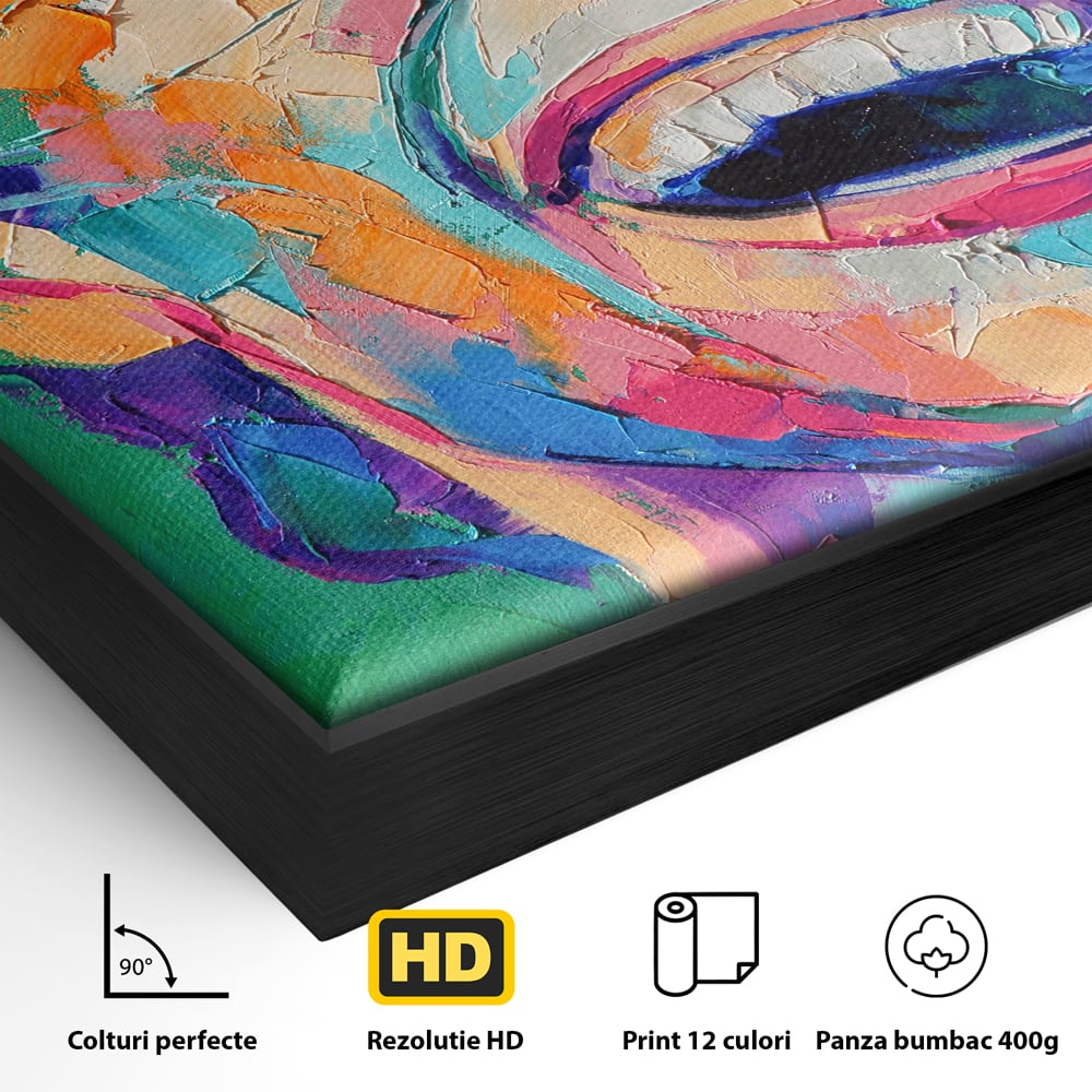 Detaliu al suprafetei: tablou canvas cu fata zambind colorata, in rama de aluminiu negru