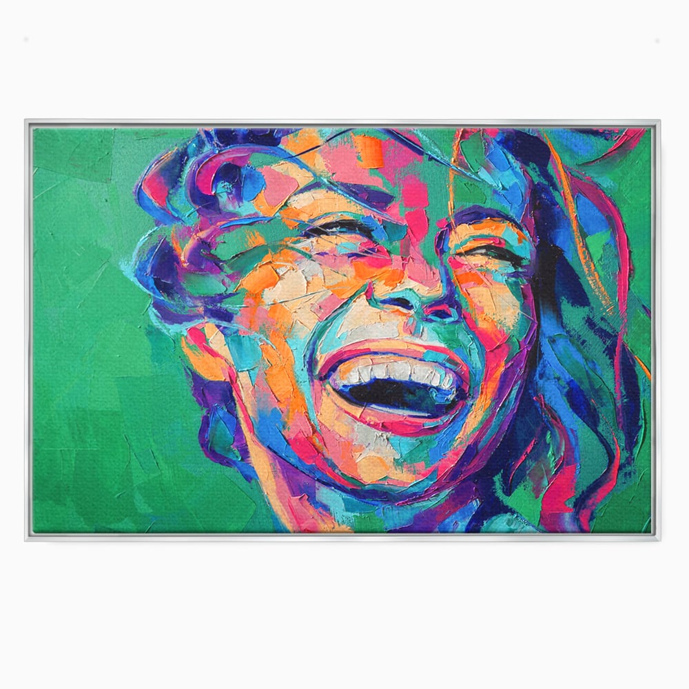 Tablou canvas cu tablou canvas cu fata zambind colorata, in rama de aluminiu argintiu