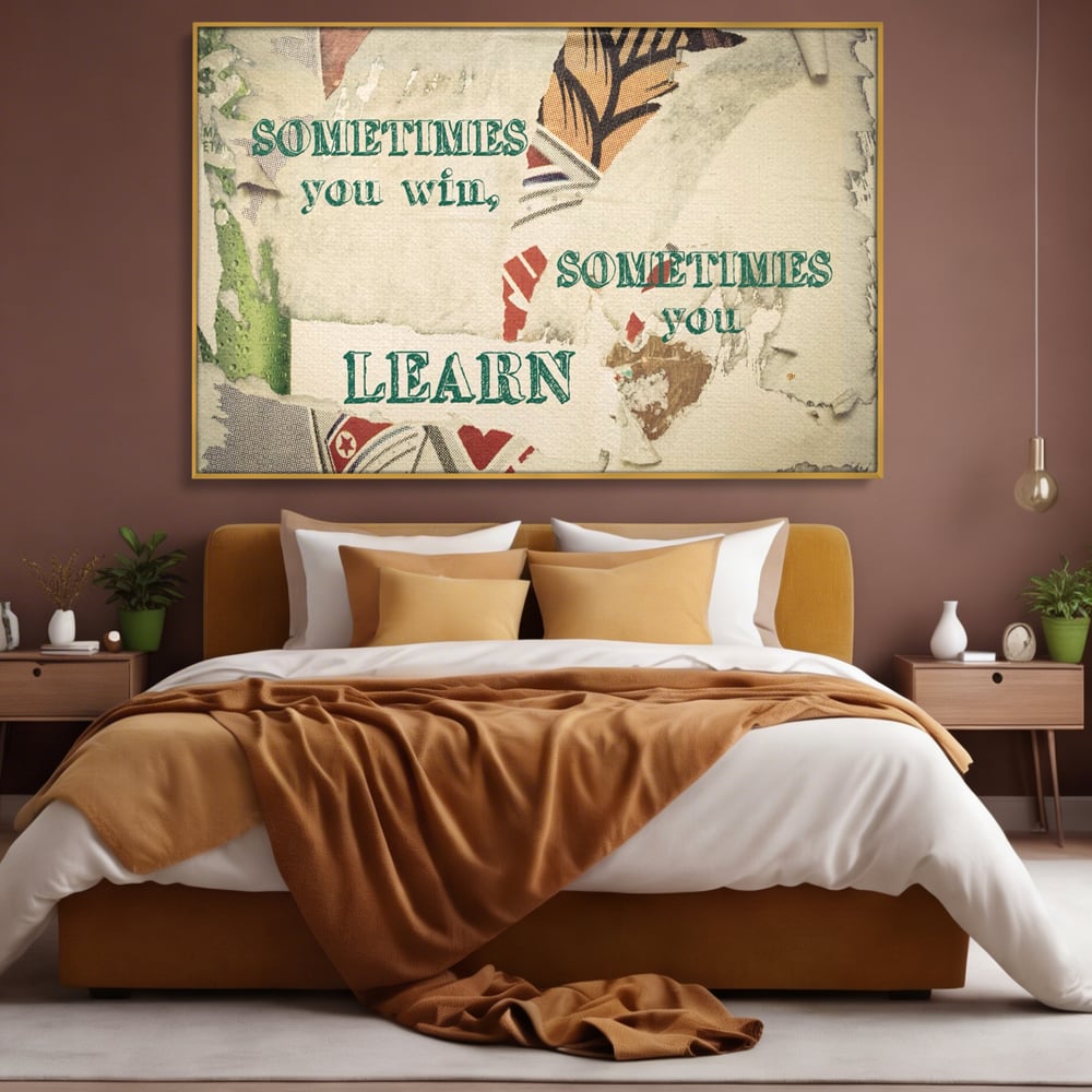 Tablou canvas cu tablou canvas cu mesaj motivational, in rama de aluminiu auriu, pe perete intr-un dormitor