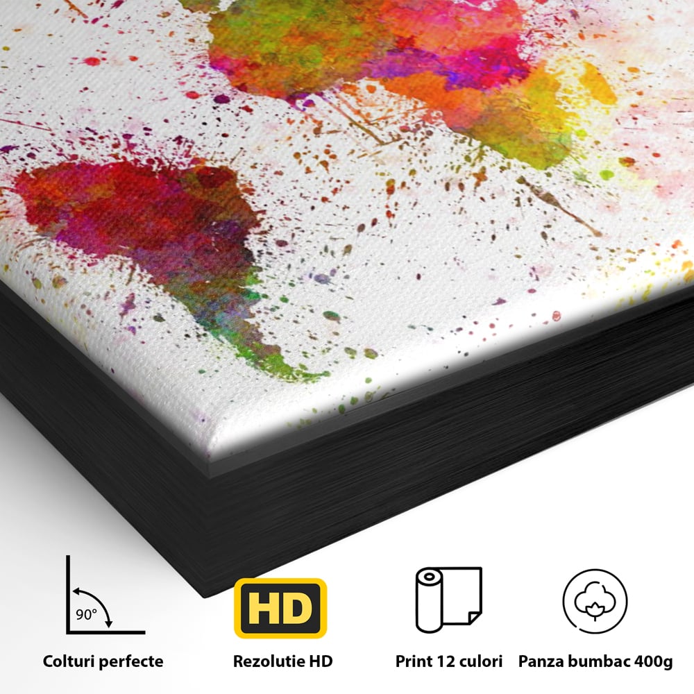 Detaliu al suprafetei: tablou canvas cu harta lumii pictata, in rama de aluminiu negru