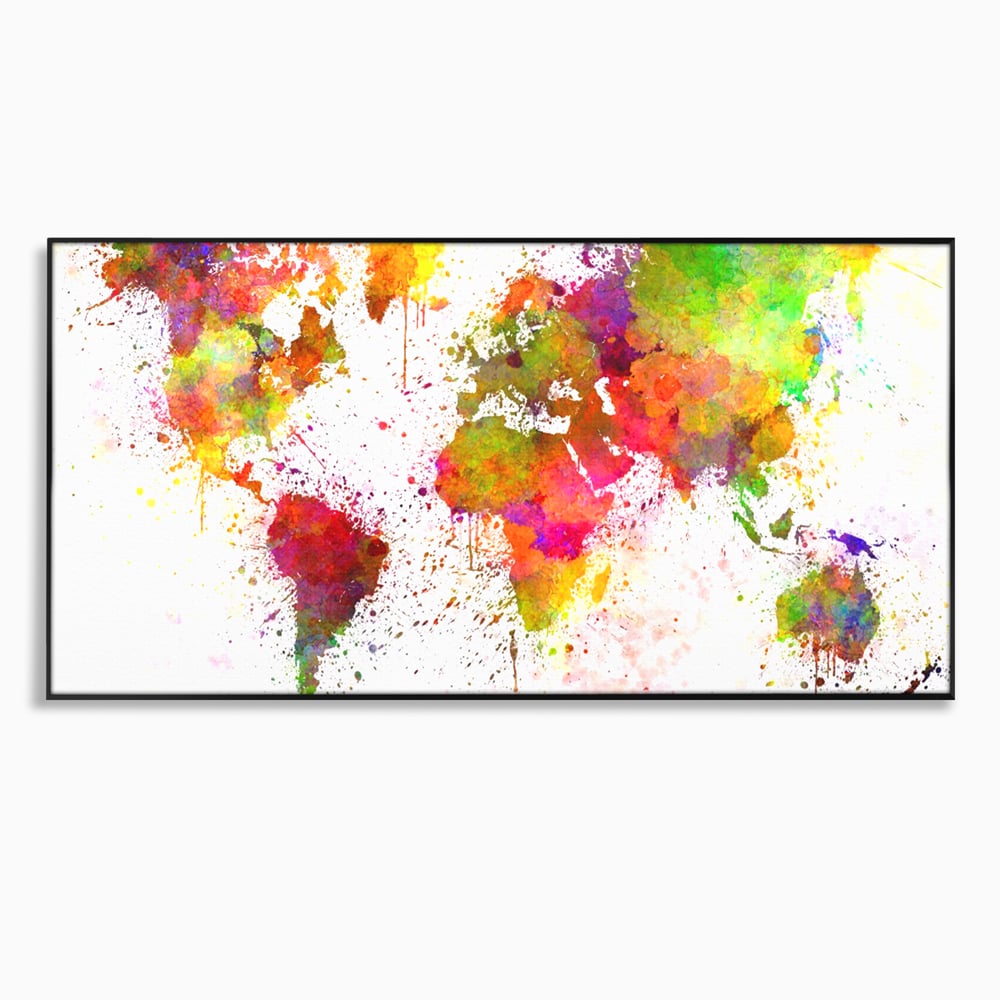 Tablou canvas cu tablou canvas cu harta lumii pictata, in rama de aluminiu negru