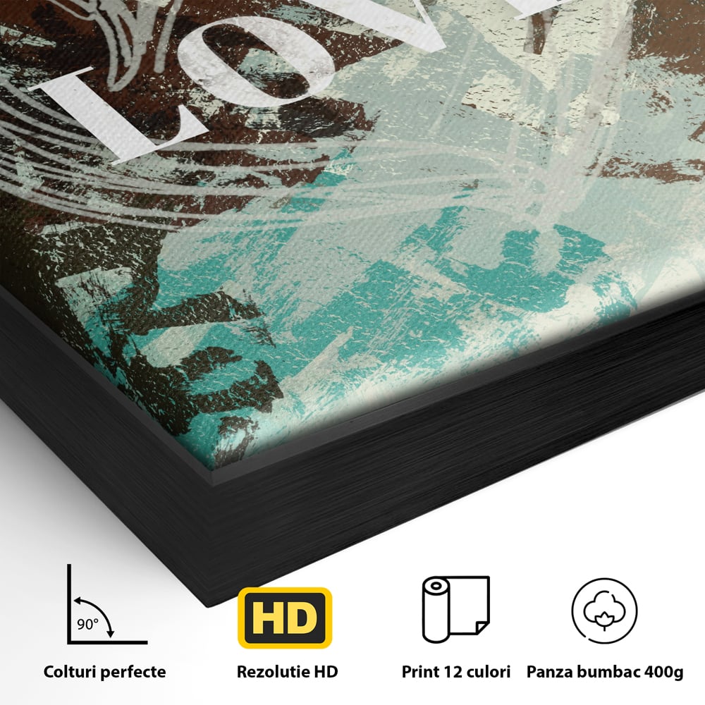 Detaliu al suprafetei: tablou canvas cu inima desenata si text, in rama de aluminiu negru