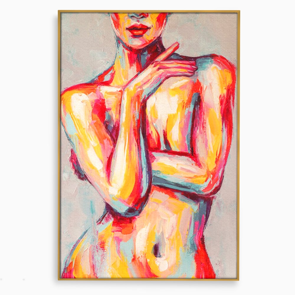 Tablou canvas cu tablou canvas cu femeie nud abstracta, in rama de aluminiu auriu