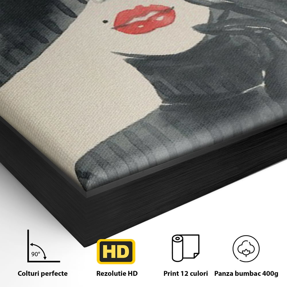 Detaliu al suprafetei: ilustratie moda femeie cu palarie si buze rosii, in rama de aluminiu negru