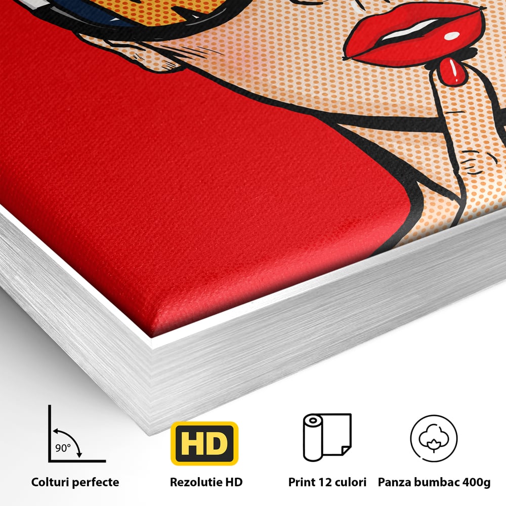 Detaliu al suprafetei: ilustratie pop art cu femeie cu ochelari, in rama de aluminiu argintiu