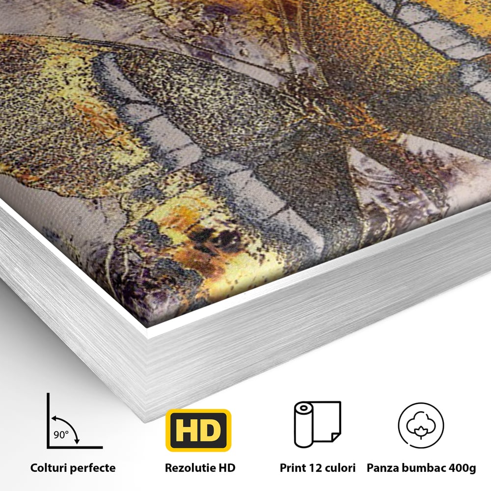 Detaliu al suprafetei: tablou vertical cu fluture auriu si texturi abstracte, in rama de aluminiu argintiu