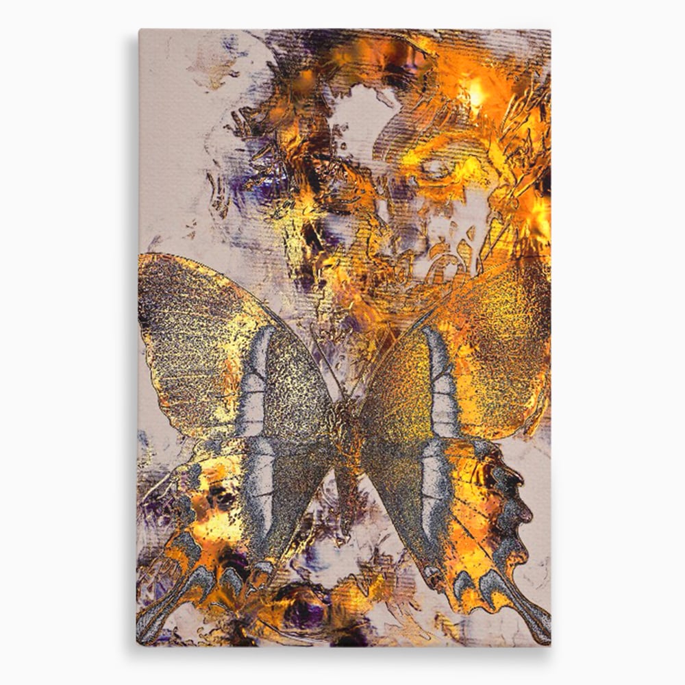 Tablou canvas cu tablou vertical cu fluture auriu si texturi abstracte, fara rama, pe sasiu de lemn