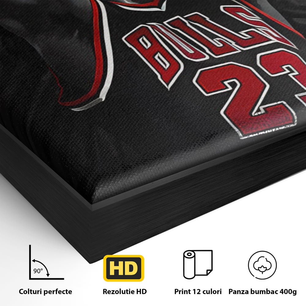 Detaliu al suprafetei: tablou canvas cu michael jordan in actiune, in rama de aluminiu negru