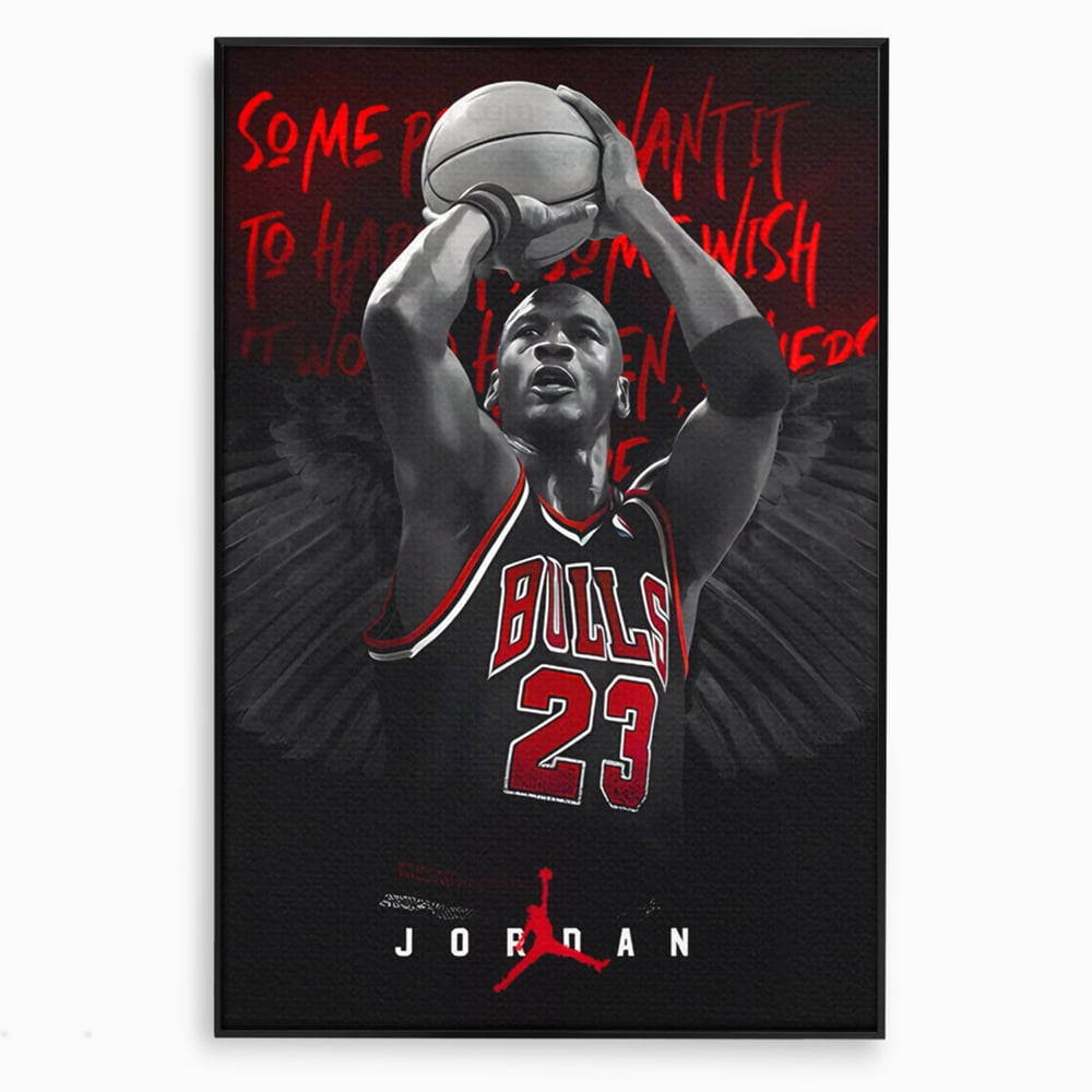 Tablou canvas cu tablou canvas cu michael jordan in actiune, in rama de aluminiu negru