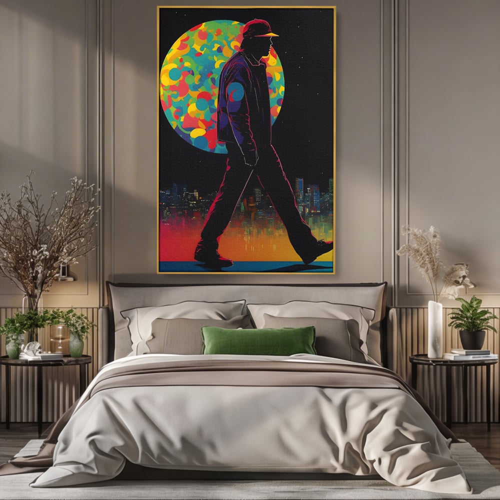Tablou canvas cu silueta unui barbat mergand pe fundal urban, in rama de aluminiu auriu, pe perete intr-un dormitor