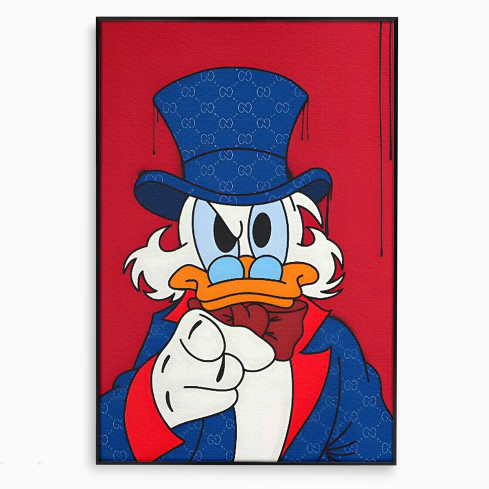 Tablou canvas cu ilustratie cu personajul scrooge mcduck, in rama de aluminiu negru