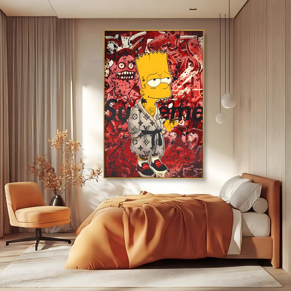 Tablou canvas cu tablou canvas cu bart simpson graffiti, in rama de aluminiu auriu, pe perete intr-un dormitor