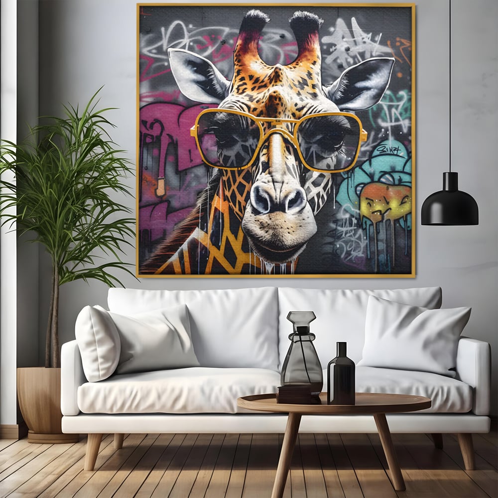 Tablou canvas cu tablou canvas cu girafa stilizata, in rama de aluminiu auriu, pe perete intr-un living