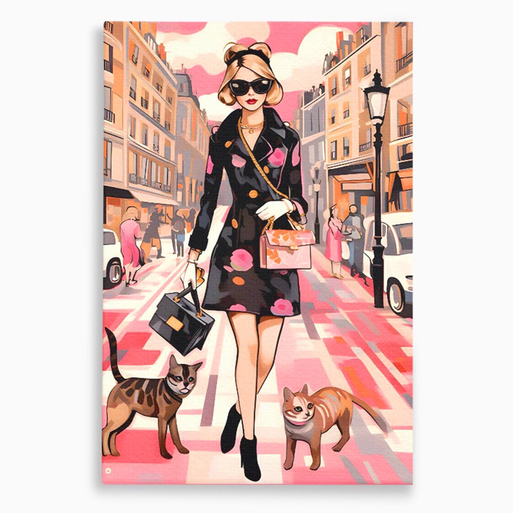 Tablou canvas cu ilustratie fashion cu femeie si pisici, fara rama, pe sasiu de lemn