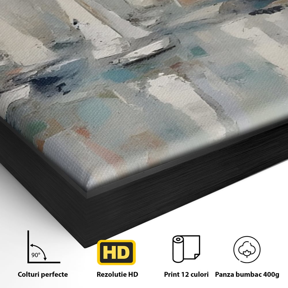 Detaliu al suprafetei: pictura abstracta cu barci cu panze, in rama de aluminiu negru