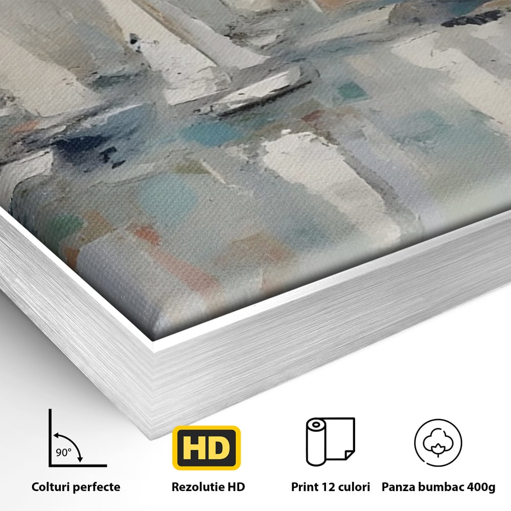 Detaliu al suprafetei: pictura abstracta cu barci cu panze, in rama de aluminiu argintiu