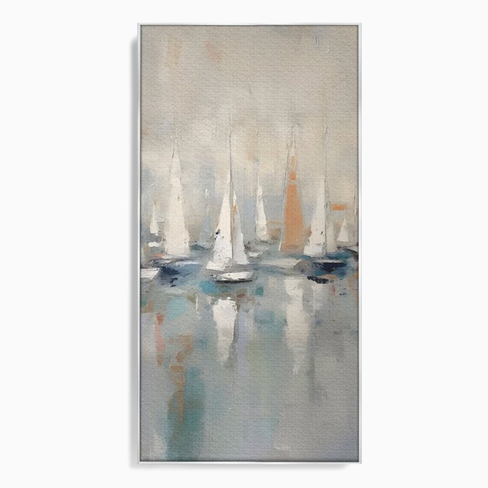 Tablou canvas cu pictura abstracta cu barci cu panze, in rama de aluminiu argintiu