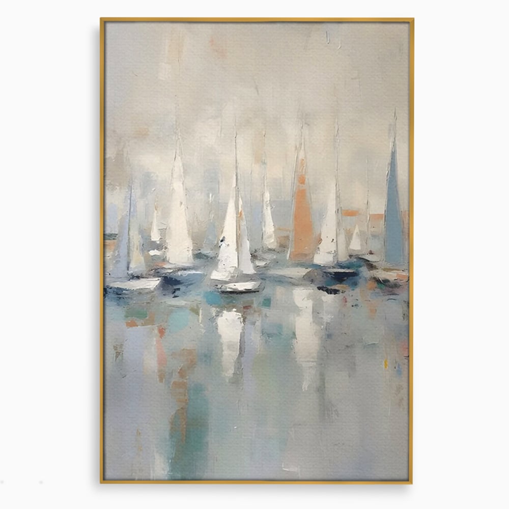 Tablou canvas cu pictura abstracta cu barci cu panze, in rama de aluminiu auriu