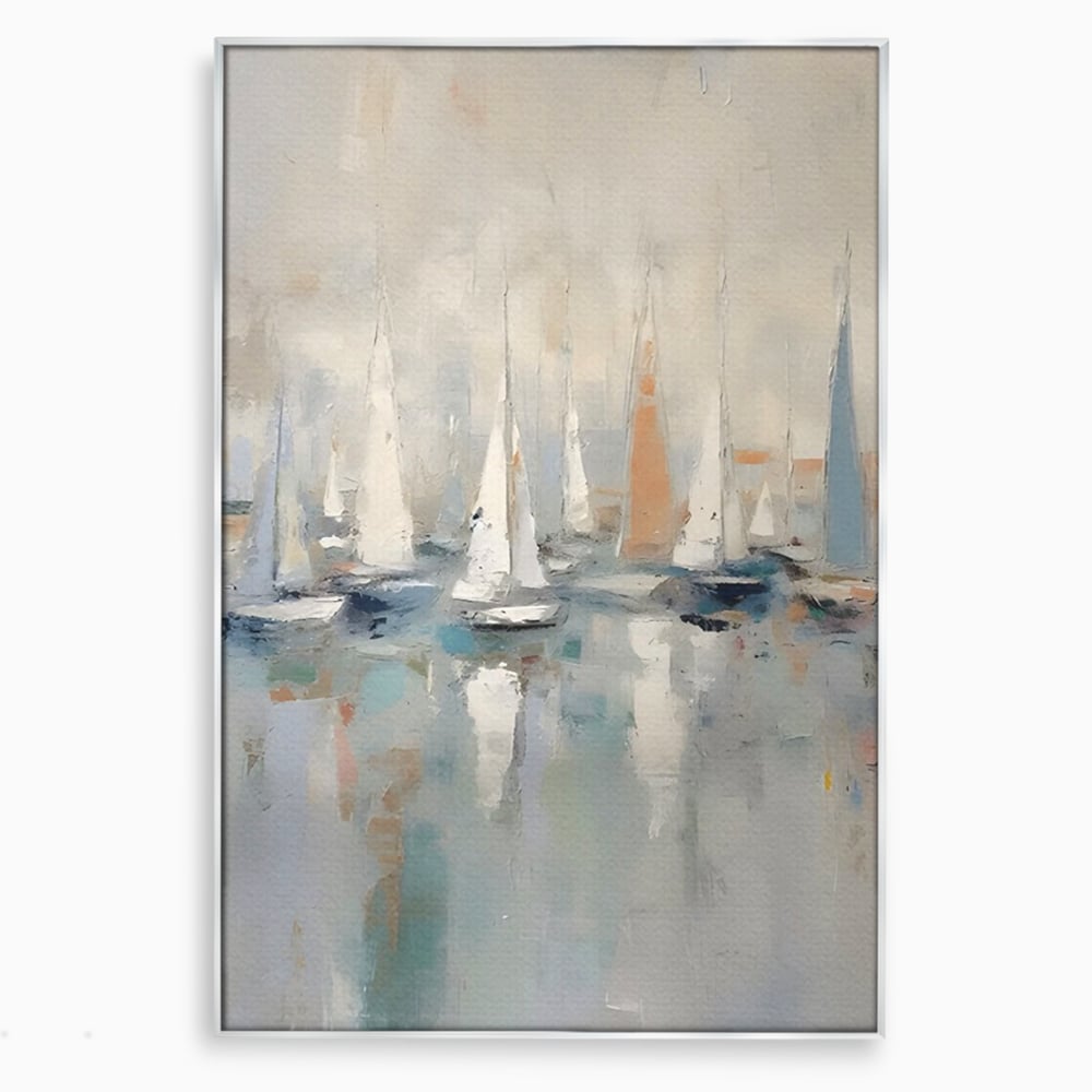 Tablou canvas cu pictura abstracta cu barci cu panze, in rama de aluminiu argintiu