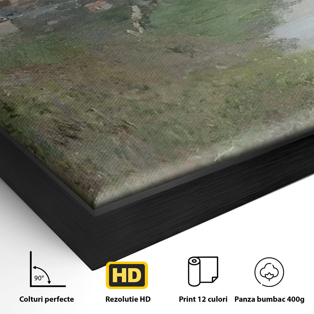 Detaliu al suprafetei: tablou canvas cu peisaj rural si rau, in rama de aluminiu negru