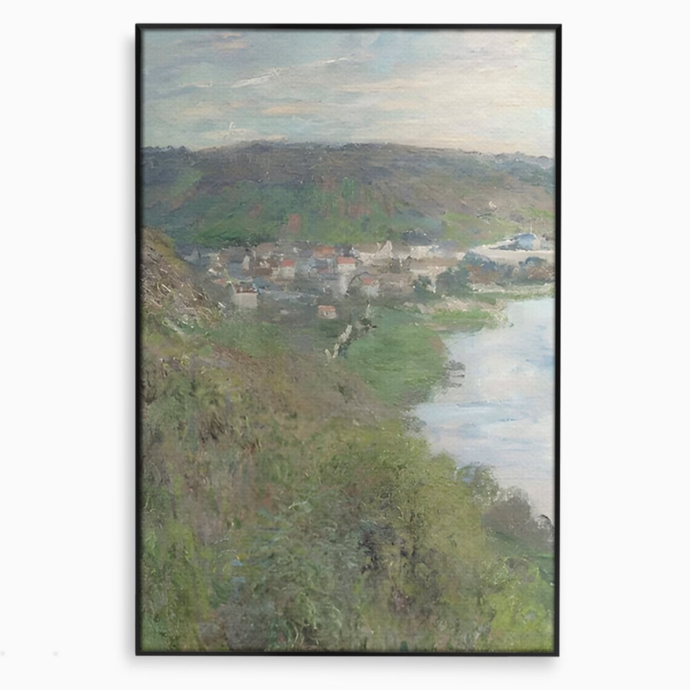 Tablou canvas cu tablou canvas cu peisaj rural si rau, in rama de aluminiu negru