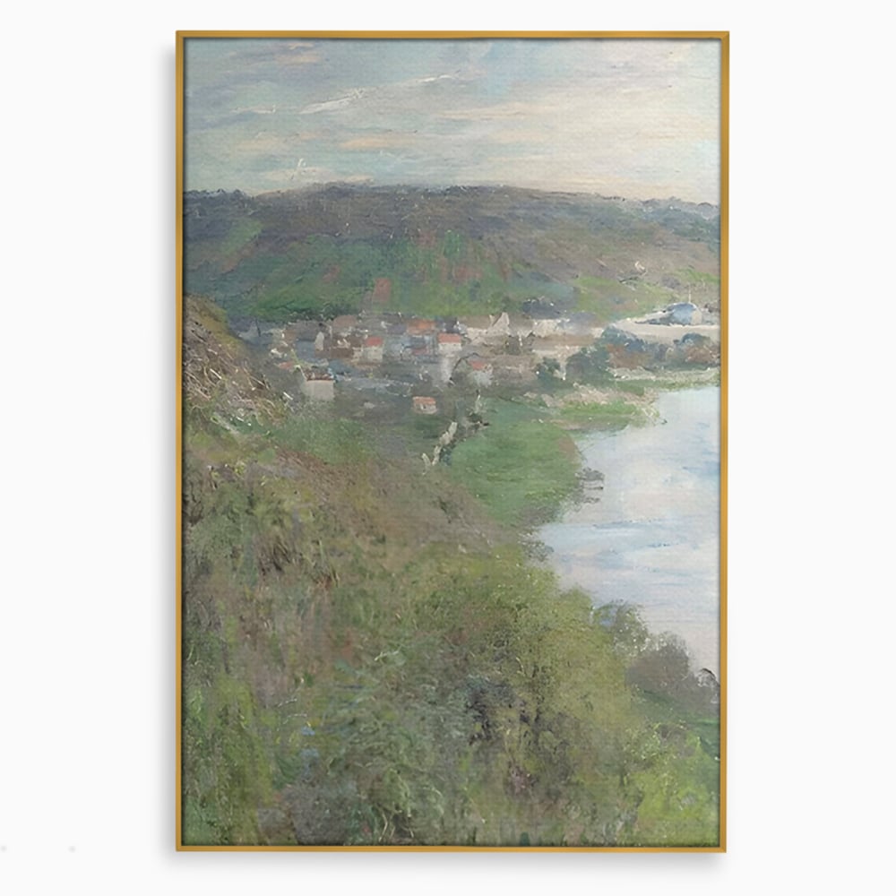 Tablou canvas cu tablou canvas cu peisaj rural si rau, in rama de aluminiu auriu