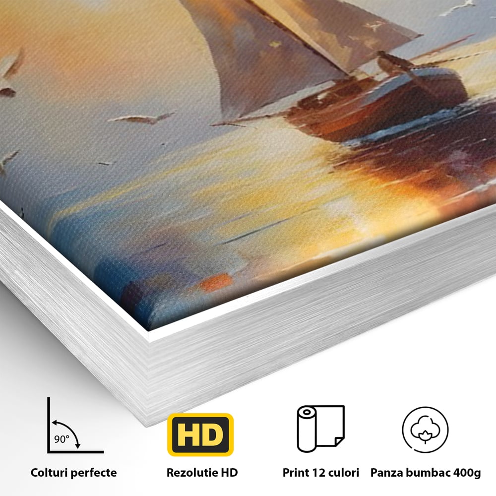 Detaliu al suprafetei: tablou canvas cu barca cu panze pe marea luminata de soare, in rama de aluminiu argintiu