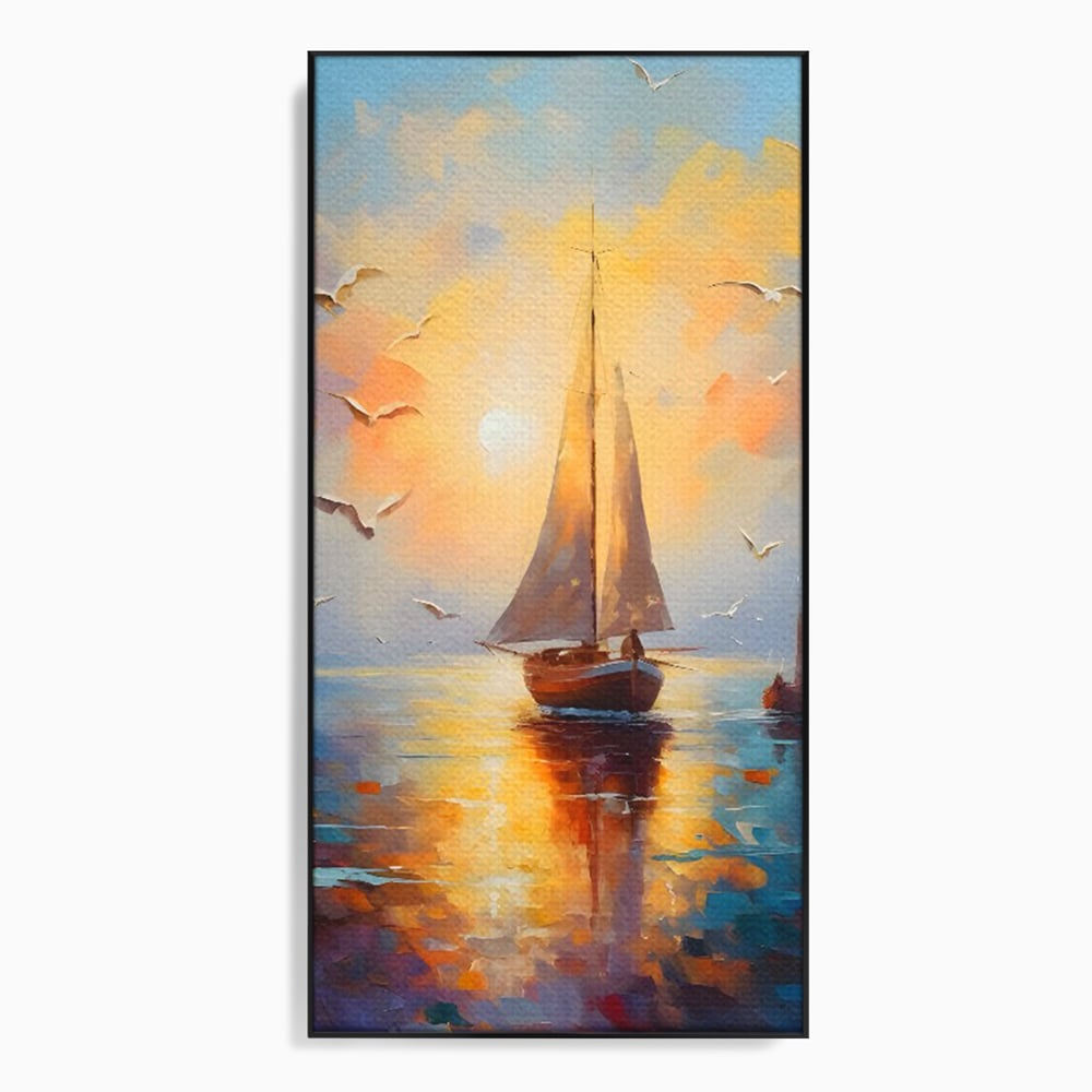 Tablou canvas cu tablou canvas cu barca cu panze pe marea luminata de soare, in rama de aluminiu negru