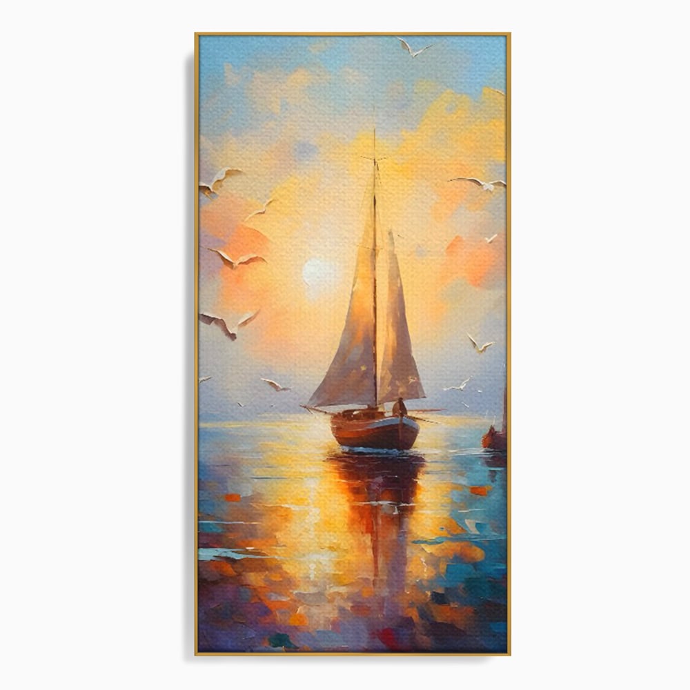 Tablou canvas cu tablou canvas cu barca cu panze pe marea luminata de soare, in rama de aluminiu auriu