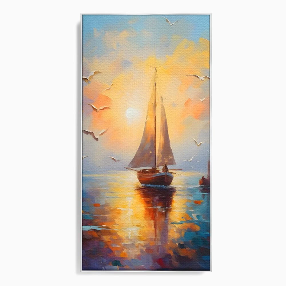 Tablou canvas cu tablou canvas cu barca cu panze pe marea luminata de soare, in rama de aluminiu argintiu