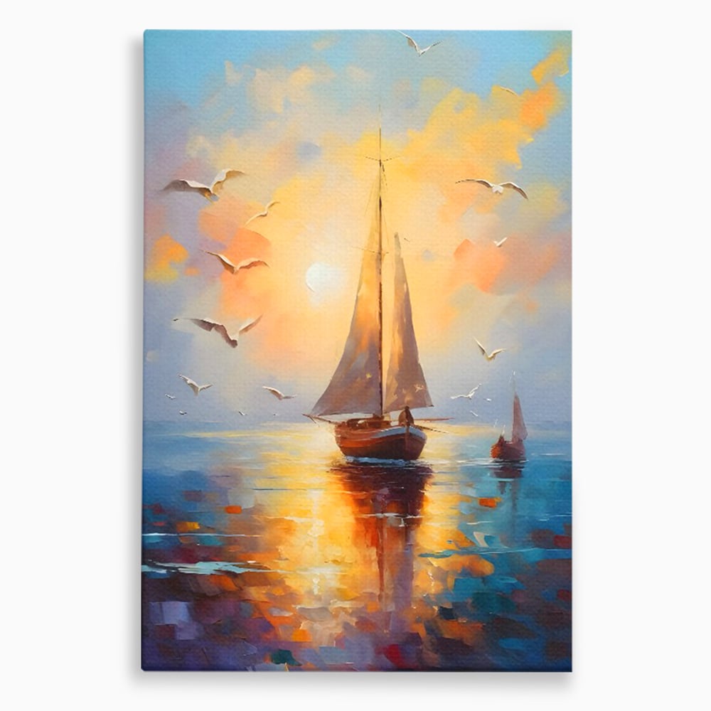Tablou canvas cu tablou canvas cu barca cu panze pe marea luminata de soare, fara rama, pe sasiu de lemn