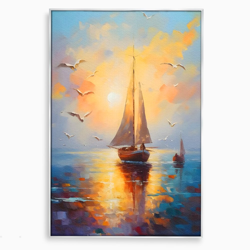 Tablou canvas cu tablou canvas cu barca cu panze pe marea luminata de soare, in rama de aluminiu argintiu