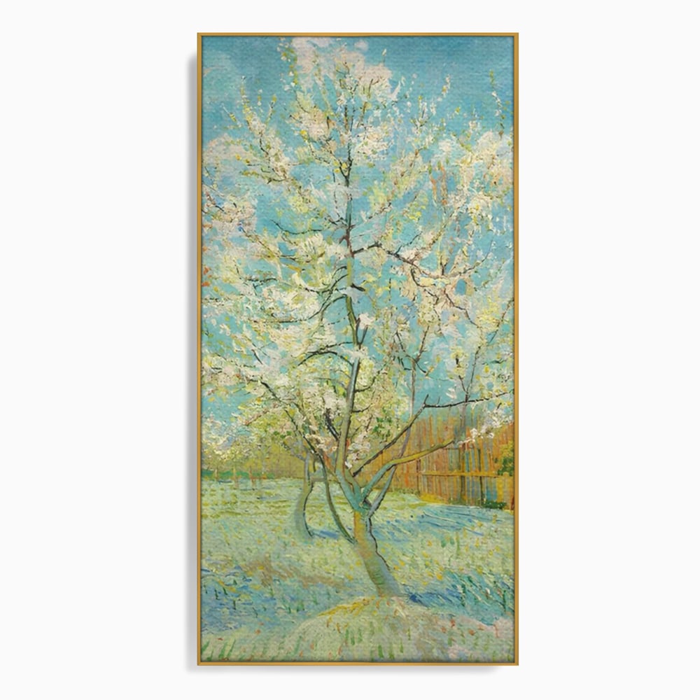 Tablou canvas cu pictura cu un copac inflorit primavara, in rama de aluminiu auriu
