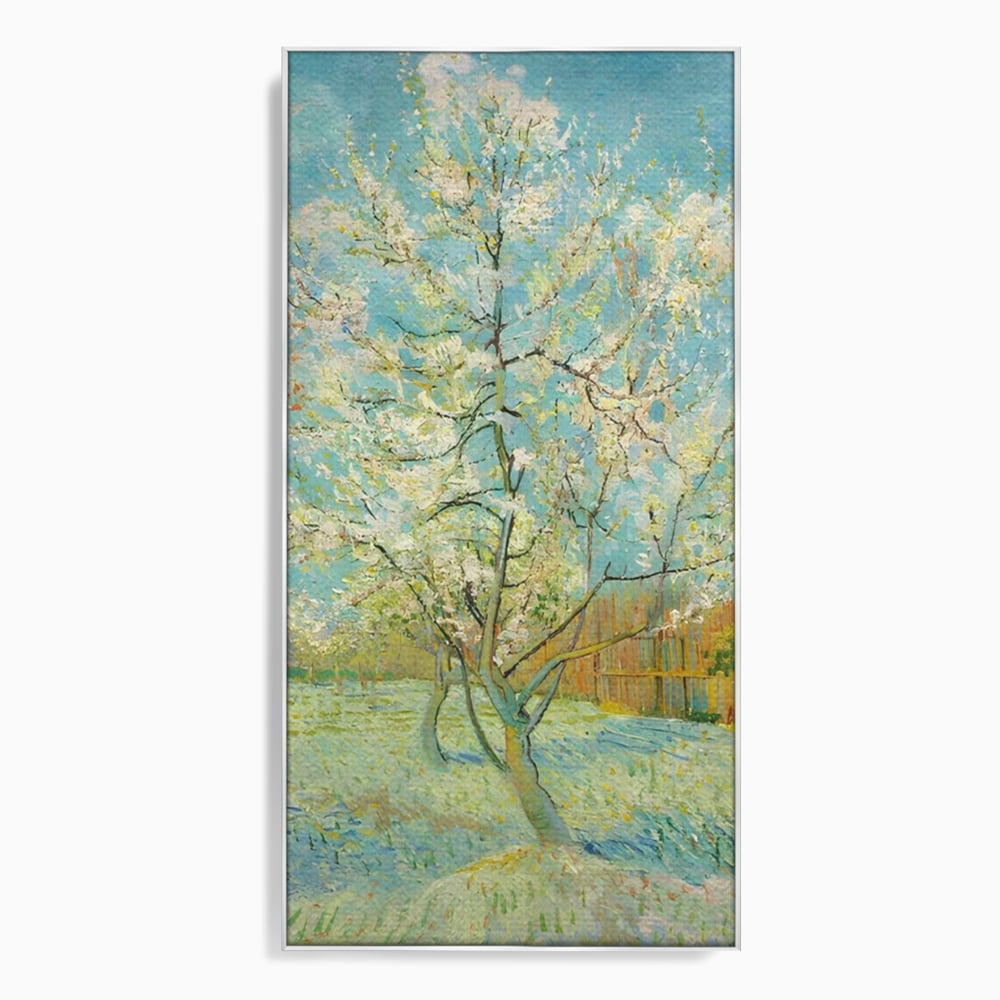 Tablou canvas cu pictura cu un copac inflorit primavara, in rama de aluminiu argintiu