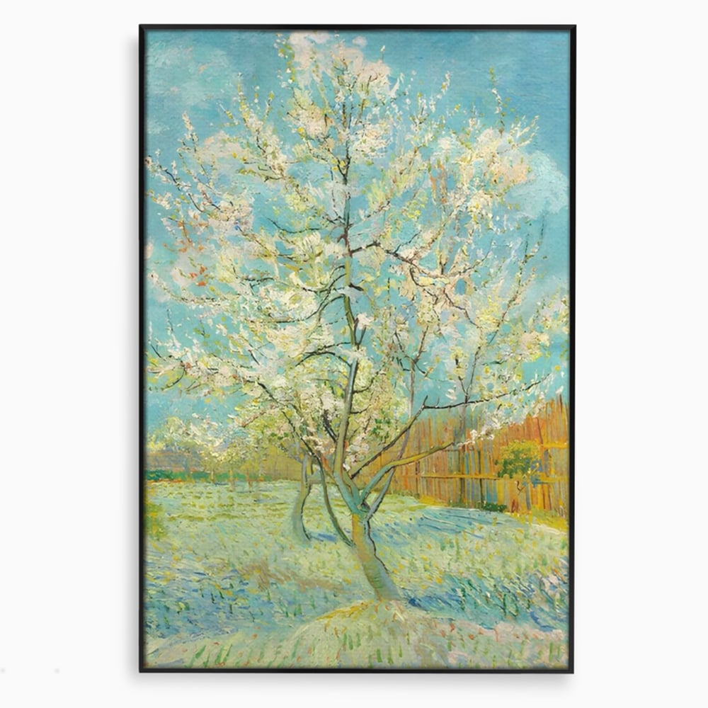 Tablou canvas cu pictura cu un copac inflorit primavara, in rama de aluminiu negru