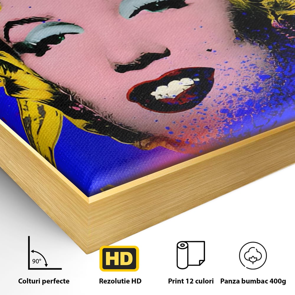 Detaliu al suprafetei: tablou canvas cu portretul stilizat al lui marilyn monroe, in rama de aluminiu auriu