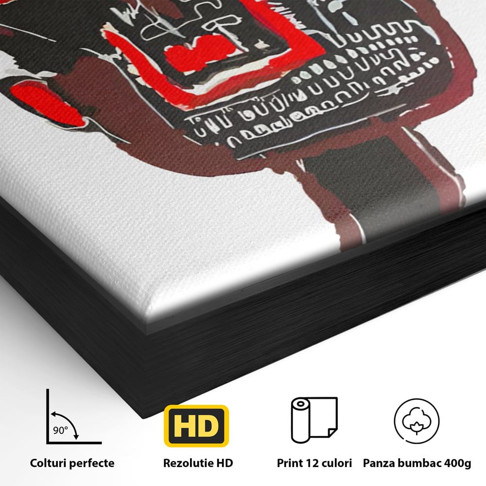 Detaliu al suprafetei: tablou canvas cu portret abstract stil basquiat, in rama de aluminiu negru