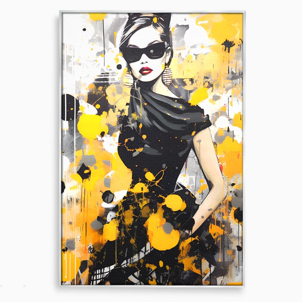 Tablou canvas cu tablou canvas portret femeie eleganta ochelari, in rama de aluminiu argintiu